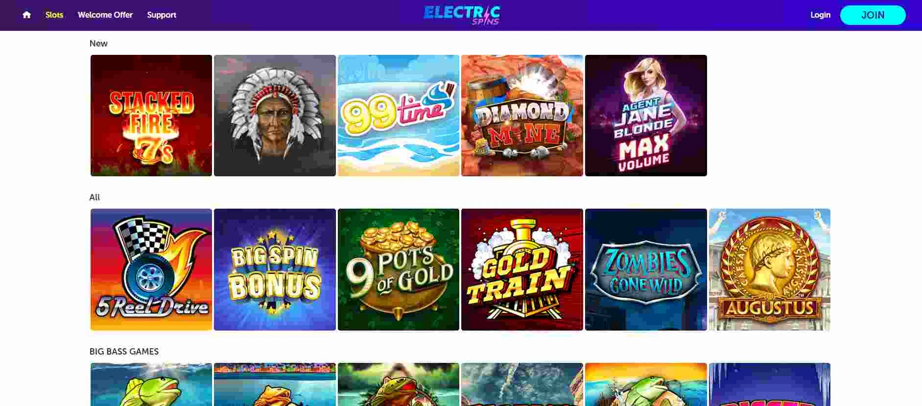 Electric Spins Casino - New, Jackpot and Big Bass Slot Games